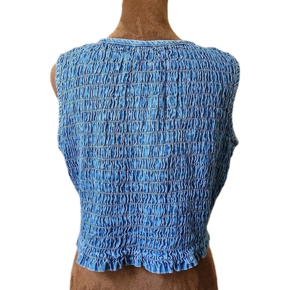 At Last & Co Sleeveless Top Smocked Denim Floral Embroidered Cropped Vintage 90s - Picture 3 of 6